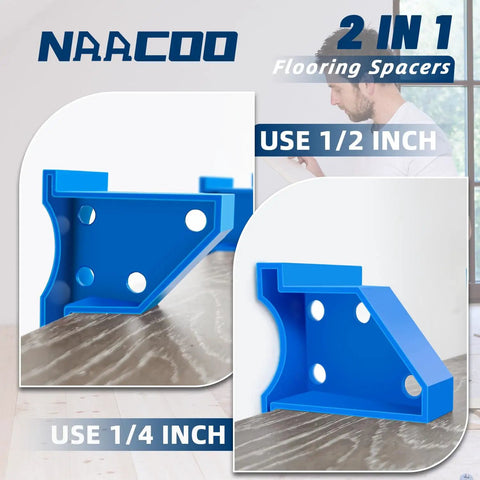 20 Pack Flooring Spacers for Laminate and Wood Installations showing blue triangular spacers in 1/4 inch and 1/2 inch sizes