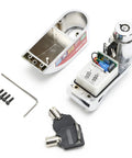 Heavy Duty Disc Brake Rotor Lock With Waterproof Electronic Alarm For Scooters Motorcycles And Bicycles showing disassembled parts