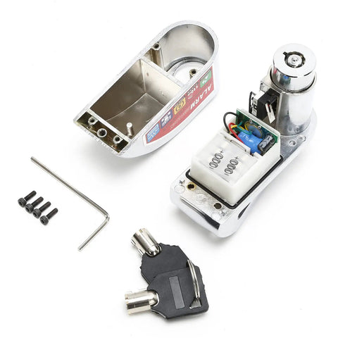 Heavy Duty Disc Brake Rotor Lock With Waterproof Electronic Alarm For Scooters Motorcycles And Bicycles showing disassembled parts