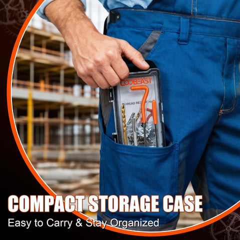 Coobeast thread repair kit in compact carry case; HSS drill bit and 30-piece 304 stainless inserts visible in pocket.