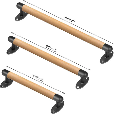 Sturdy Real Wood Handrail Designed For Indoor Stairs With Factory Attached Metal Brackets bearing three different sizes: 36, 26, and 16 inches.