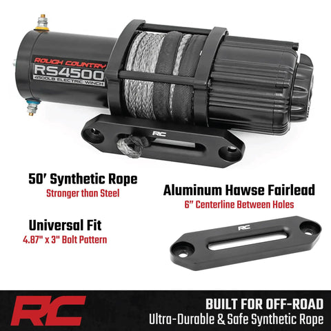 Rough Country 4500 Lb ProSeries Winch for UTV and ATV with 50ft synthetic rope and aluminum fairlead, off-road recovery gear.