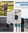 JOINPAYA 1Set Two Sided Gate Latch, Key Lockable Gate Lock with Pull Cable shown installed on wooden and white fences.