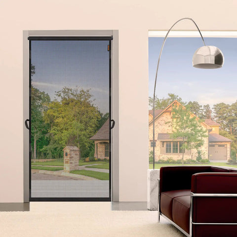 Living room view of Hanging Screen Door For 36x80 Openings With 38x81 Curtain Size, Upgraded Fiberglass Mesh, tension rod installation