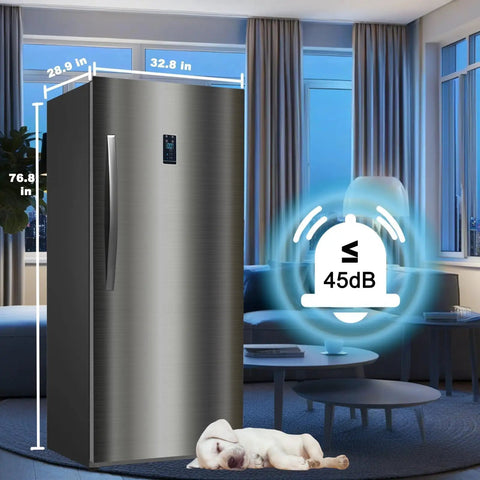 Huge 21 Cube Upright Freezer No Sweat Frost Free Top Tier Stainless Housing with dog lying nearby in a modern living room.