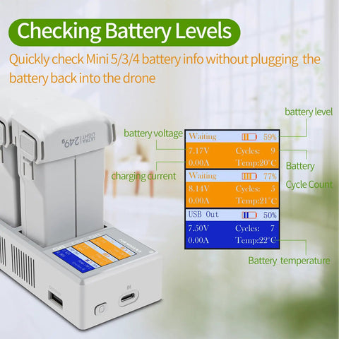 Powerful 100W Battery Charging Station With Color Screen For Mini5 4 3 Pro Drones, shows battery info and charging status.