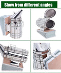 Sturdy Stainless Bee Hive Smoker Kit With Heat Shield Pro Beekeeping Gear with durable rust-resistant design visible from multiple angles