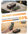 On The Go 48000mAh Solar Charger Power Bank With Four Solar Panels Wireless Charging Four Built In Cables PD QC 3 Fast USB C Flashlight Ideal For Camping And Travel, showing fast charging with phone on rock.