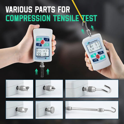Digital Trigger Pull Gauge 110 Lb Capacity, Pro Grade Force Meter With Switchable Units Lb, Oz, N, Kg, 500N And 50Kg Max, 0.01 Kg Resolution, 1 Oz And 0.1 N Readouts, Accurate Measurement, Includes Trigger Hook, Battery Powered. handheld force gauge with trigger hook and accessory tips for compression and tensile testing