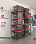 Space-Saving 27 Gallon Tote Bin Rack Organizer, Heavy Duty 5 Tier Storage Shelves, 250 Lb Capacity, Adjustable Rail Spacing From 18 To 20 Inches, Universal Fit For All 27-Gallon Totes, Great For Garage Warehouse Utility, 2 Pack with 27-gallon bins on black metal rack