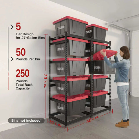 Space-Saving 27 Gallon Tote Bin Rack Organizer, Heavy Duty 5 Tier Storage Shelves, 250 Lb Capacity, Adjustable Rail Spacing From 18 To 20 Inches, Universal Fit For All 27-Gallon Totes, Great For Garage Warehouse Utility, 2 Pack with 27-gallon bins on black metal rack