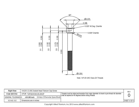 Heavy Duty Pack Of Ten Grade Two Pure Titanium Socket Head Cap Screws 1/4-20 UNC specs with dimensions and details.