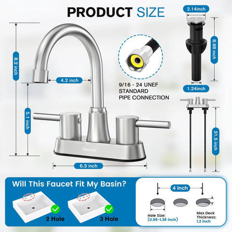 Diagram of Brushed Nickel 4 Inch Centerset Bathroom Faucet With 2 Handles, Lead Free SUS304 Stainless Steel, Copper Pop Up Drain, 1.2 GPM Water Saving Aerator, No Splash, CEC Listed, showing size and dimensions.