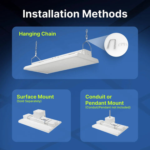 Installation methods for Two Foot Linear LED Shop Light 165W 22400 Lumens Dimmable Daylight 5000K.