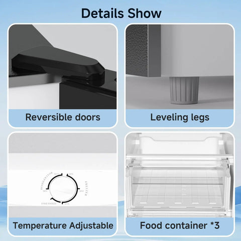 Details of Ace 7 Cu Ft Upright Freezer That Converts To Chill Fridge Mode including reversible doors and adjustable temperature.