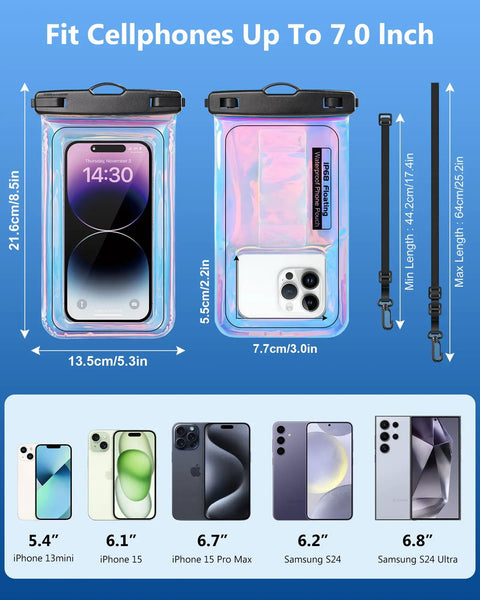 Floating IP68 Waterproof Phone Pouch With Lanyard Waterproof Case Fits Up To 7 Inch Screens, iPhone inside, dazzling purple