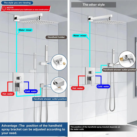 Comparison of two polished chrome 12 inch square rain shower systems with wall mount and handheld sprayer.