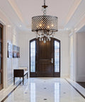 Antique Black Hanging Pendant Light With Crystal Drum Shade, Four Light Farmhouse Chandelier in modern entryway, UL Listed