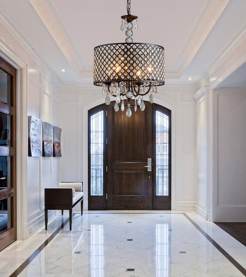 Antique Black Hanging Pendant Light With Crystal Drum Shade, Four Light Farmhouse Chandelier in modern entryway, UL Listed