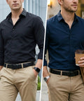 Men wearing nickel free leather belt for men non metal TSA friendly travel belt airport ready with black plastic buckle