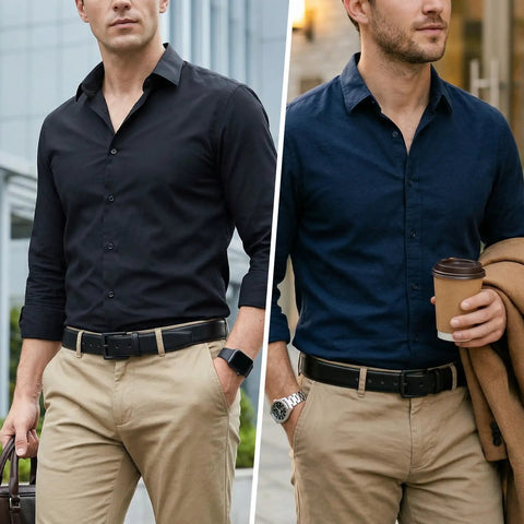 Men wearing nickel free leather belt for men non metal TSA friendly travel belt airport ready with black plastic buckle