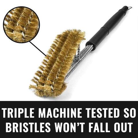 Soft Bristle Brass Grill Brush For Grilling On Outdoor Grills Safe BBQ Cleanup No Wire Shedding Porcelain And Ceramic Grates Faster Scrub No Brainer Cleanup Grate Cleaning Tool For All Grate Types with close-up of triple tested bristles.