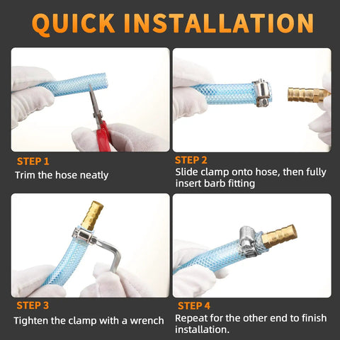 Quick installation guide for Heavy Duty Three Eighths Inch Hose Barb Fitting Kit Three Pack Brass Straight Connectors For Fuel Line Air Water Oil Gas And Pressure Washer Soaker And Hydraulic Hoses Repair With Stainless Steel Clamps