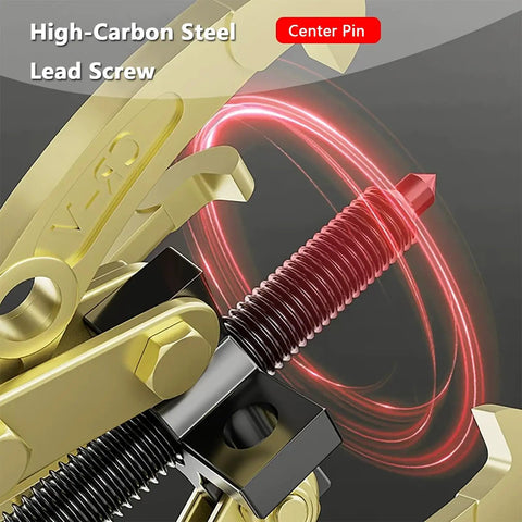 Close-up of Heavy Duty 2 Or 3 Jaw Gear Puller Tool With Bulletproof Carbon Steel Jaws lead screw and center pin.