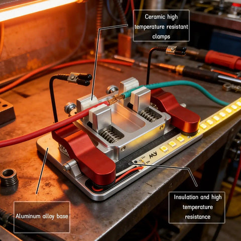 Third Hand Soldering Tool With Heavy Duty Double Jaw Welding Clamp And Aluminum Solder Clamp on workbench with LED strips
