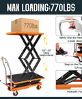 Heavy-Duty Hydraulic Lift Table Cart With Reliable Pump And Easy Operation Max Capacity 770 Lbs Elevates Up To Five Feet Nine Inches for material handling details.