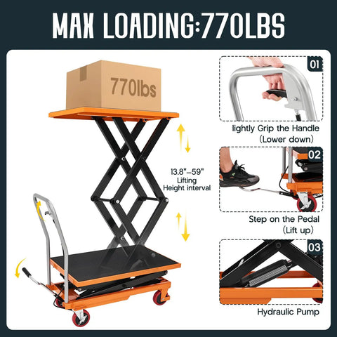 Heavy-Duty Hydraulic Lift Table Cart With Reliable Pump And Easy Operation Max Capacity 770 Lbs Elevates Up To Five Feet Nine Inches for material handling details.