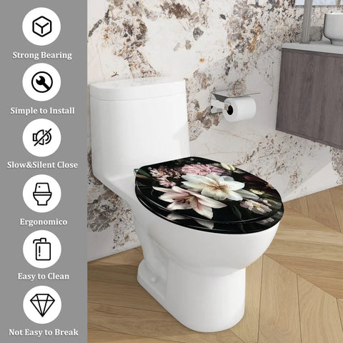 Toilet Seat Elongated Resin for Bathroom with floral design, easy to clean, fits standard toilets.