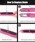 Two Pack Retractable Box Cutter Knife Set With Metal Body Heavy Duty Utility Knives For Cardboard Box Opening Packaging And Craft Projects Durable Steel Build blade replacement steps with pink knife and screwdriver
