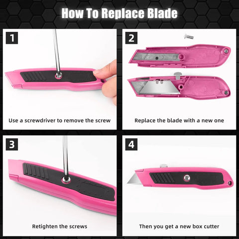Two Pack Retractable Box Cutter Knife Set With Metal Body Heavy Duty Utility Knives For Cardboard Box Opening Packaging And Craft Projects Durable Steel Build blade replacement steps with pink knife and screwdriver