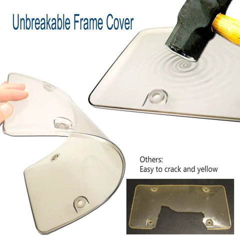 Clear Bubble License Plate Cover With Silicone Frame For Front Or Rear US Plates Unbreakable Protection Includes Screws And Caps Car Tag Holder Built Tough Weatherproof Scratch Resistant Universal Fit showcased with hammer.
