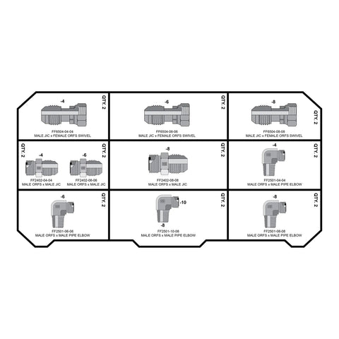 Diagram of hydraulic fittings from Workhorse Everyday Hydraulic Fitting And Adapter Kit With 84 Adapters And 150 ORFS Face Seal O Rings