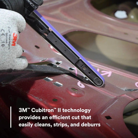 Cubitron II File Belts 36 Plus Grit Half Inch By 18 Inch Pack Of 10 Resin Bonded showing metal deburring on car panel