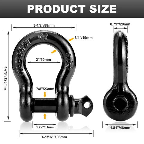 Three Quarters Inch D Ring Shackles With Nine Sixteen Inch Screw Pin Heavy Duty Clevis Shackles Tough As Nails 44,000 Lbs Break Strength Built For Jeep Truck SUV Trailer ATV UTV Two Pack, size diagram