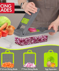 Person using All In One Vegetable Chopper And Mandoline Slicer Set 14 In 1 with strainer to dice red onion in kitchen.