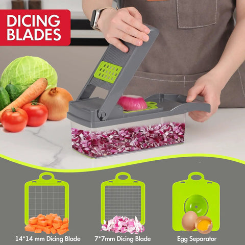 Person using All In One Vegetable Chopper And Mandoline Slicer Set 14 In 1 with strainer to dice red onion in kitchen.