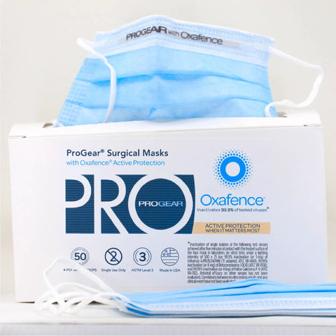Front view of Protective Face Mask With Virus Inactivation Tech FDA Cleared ASTM Level 3 Medical Grade Surgical Mask For Lab Tested Virus Inactivation 99.9 Percent In Minutes 50 Masks Per Box