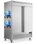 Tough As Nails 54 Inch Commercial Freezer 49 Cubic Feet Two Door Reach In Stainless Steel Upright Cabinet With Auto Defrost featuring warranty badges.