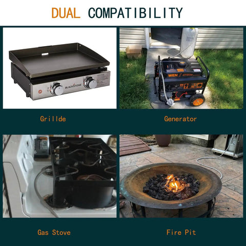 Image showing compatibility of 5 Foot Propane Regulator And Hose With 90 Degree Elbow Adapter For Blackstone 17 Inch And 22 Inch Tabletop Griddles Replacement Parts For Outdoor Grilling Fire Pit Patio Heaters And Gas Grills with a griddle, generator, gas stove, and fire pit.