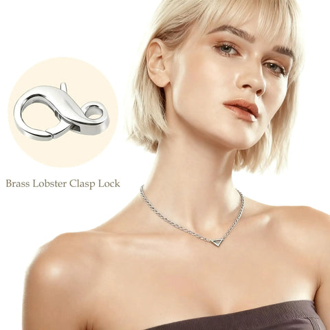 Model wearing necklace with focus on gold and silver brass lobster clasp extenders set for everyday jewelry, hypoallergenic tarnish resistant.