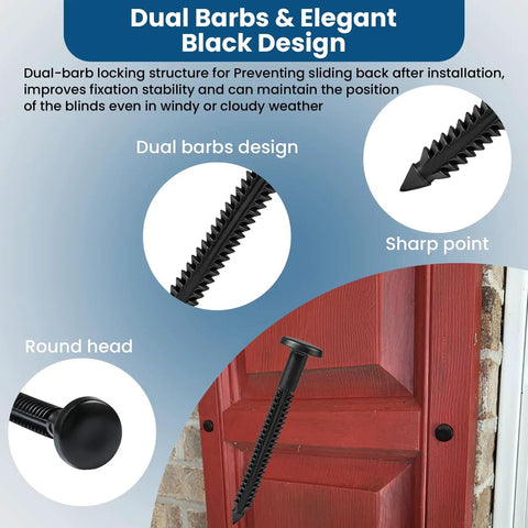 Sixty Pack Three Inch Vinyl Shutter Fasteners Heavy Duty Shutter Locks with dual barbs and round head on a red door.