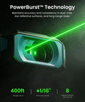 PowerBurst technology of Green Beam Laser Distance Meter S50 with green laser showing 400ft range and accuracy details.