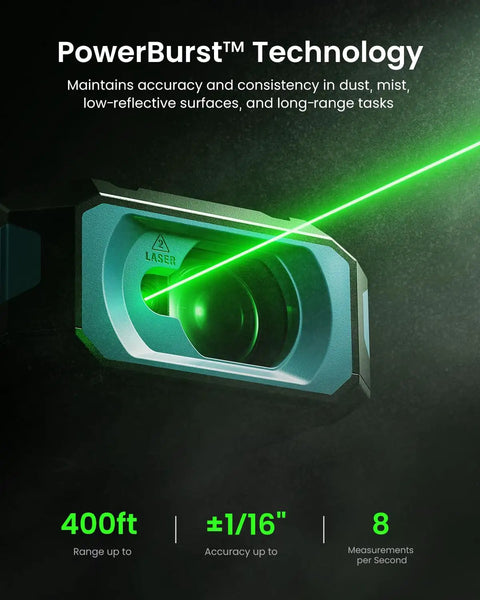 PowerBurst technology of Green Beam Laser Distance Meter S50 with green laser showing 400ft range and accuracy details.