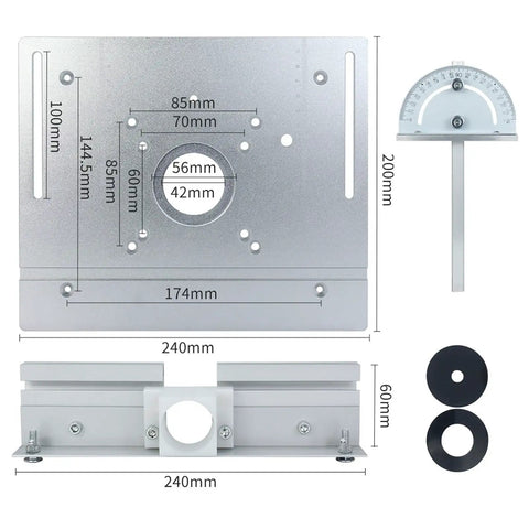 Knockout Aluminum Alloy Router Lift System Kit featuring heavy duty table insert plate with measurements and components.
