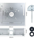 Straight Up Pro Grade Metal Router Lift System Kit With Sturdy Aluminum Alloy Insert Plate dimensions and components layout.