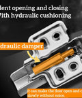 Slam Free 170 Degree Cabinet Hinges Two Pack showing hydraulic damper for soft close mechanism in steel hinge construction.